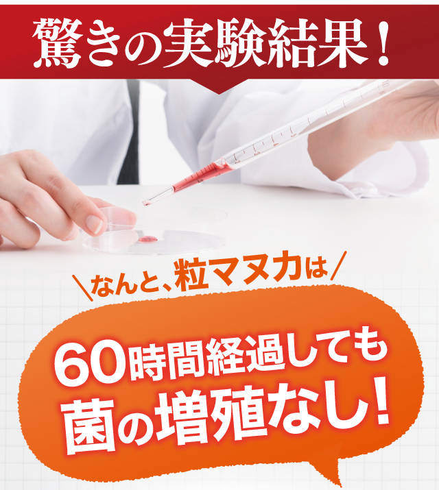 驚きの実験結果！なんと、粒マヌカは、60時間経過しても菌の増殖がありませんでした！