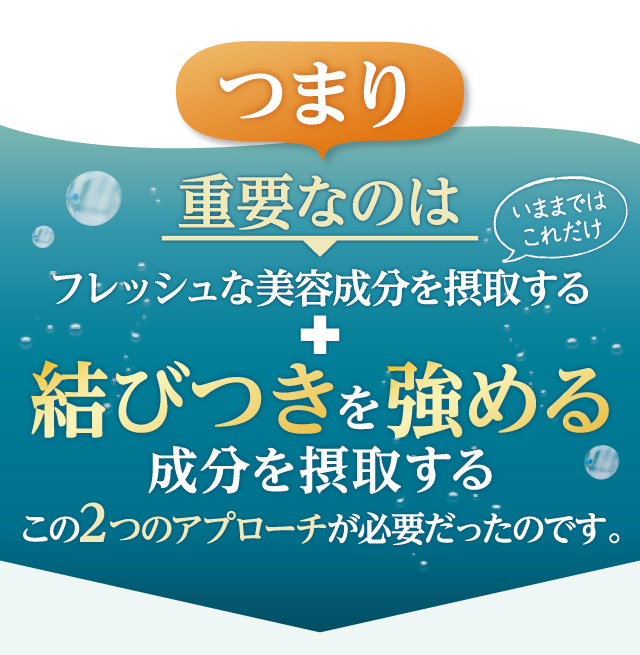 つまり重要なのはフレッシュな美容成分を摂取する＋結びつきを強める成分を摂取する。この2つのアプローチが必要でした。