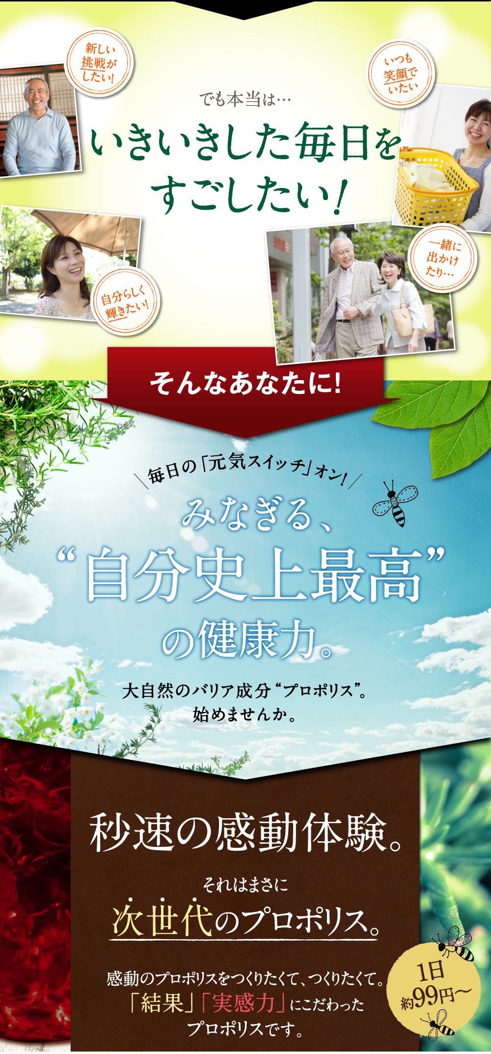 でも本当は…いきいきした毎日を過ごしたい！そんなあなたに、みなぎる自分史上最高の健康力。大自然のバリア成分プロポリス。始めませんか。