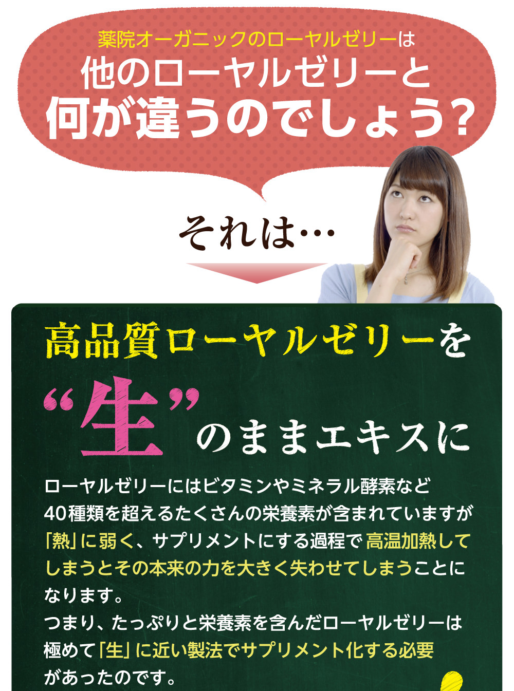 『薬院オーガニックのローヤルゼリー』は、他のローヤルゼリーと何が違うのでしょう？ローヤルゼリーには、ビタミンやミネラル酵素など40種類を超えるたくさんの栄養素が含まれます。熱に弱いため高温加熱してしまうと本来の力を失わせてしまいます。しかし、熱に弱いローヤルゼリーを《生》に近い製法でサプリメント化する必要があったのです。