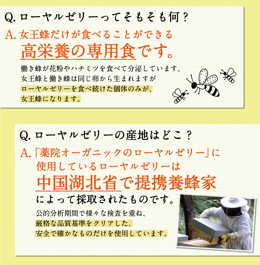 Q,ローヤルゼリーってそもそも何？A,女王蜂だけが食べることができる高栄養の専用食です。Q,ローヤルゼリーの産地はどこ？A,中国湖北省で提携養蜂場によって採取されたものです。