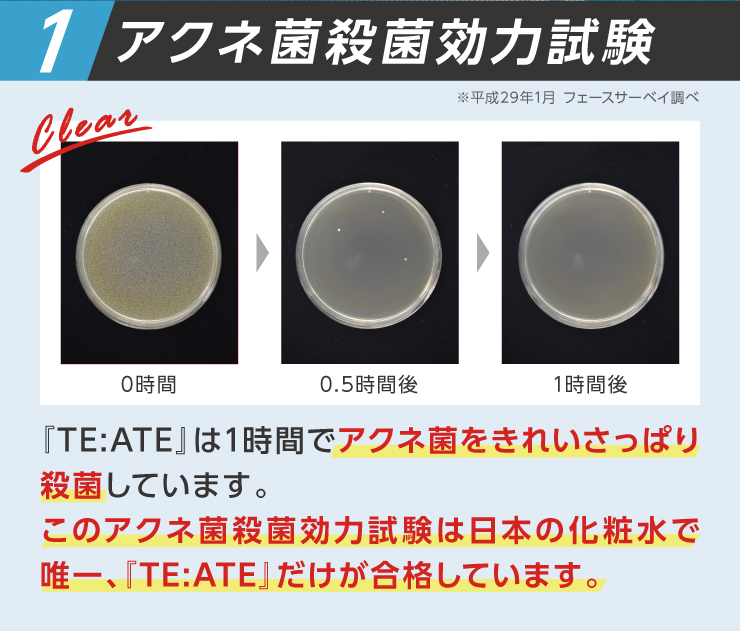 アクネ菌殺菌効力試験。テアテ化粧水はアクネ菌をきれいさっぱり殺菌します。このアクネ菌殺菌効力試験は日本の化粧水で唯一、テアテ化粧水だけが合格しています。